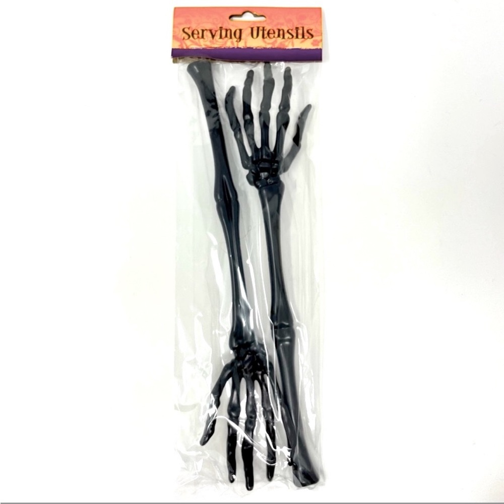 Skeleton Arms Hands Bones Serving Utensils Scary Party Black Plastic Set of 2